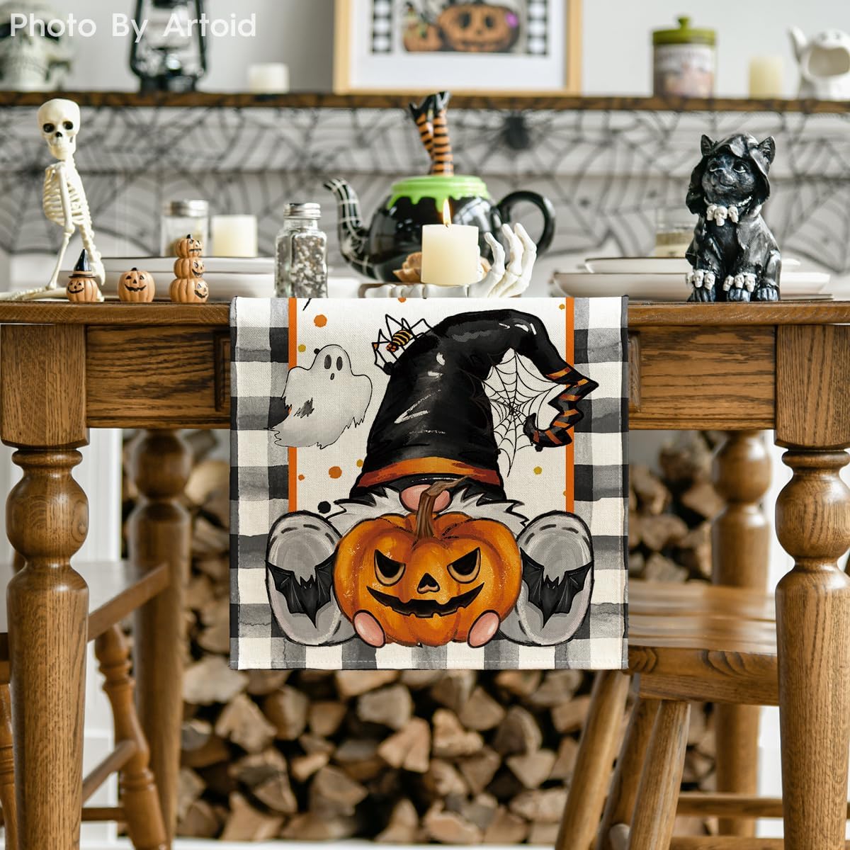 Artoid Mode Buffalo Plaid Gnome Bat Pumpkin Ghost Halloween Table Runner, Sensonal Kitchen Dining Table Decor for Home Party 13x48 Inch