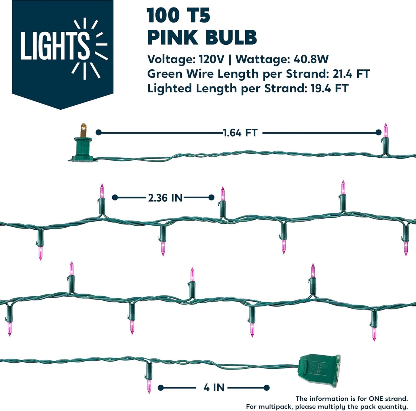 Joiedomi Pink Christmas String Lights,100 Count 21.4FT Fairy Tree Lights Plug in for Indoor Outdoor Xmas Valentines Decor Patio Holiday Theme Party Yard House,Green Wire