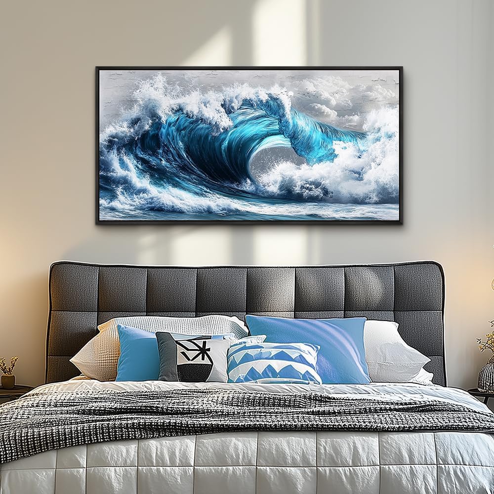 PHAOHUAXM Large Canvas Wall Art For Living Room Wall Decor For Bedroom Ocean Inspiration Wall Pictures Office Mural Decorations Posters Blue Wave Paintings Modern Home Decor Black Framed 24x48 In