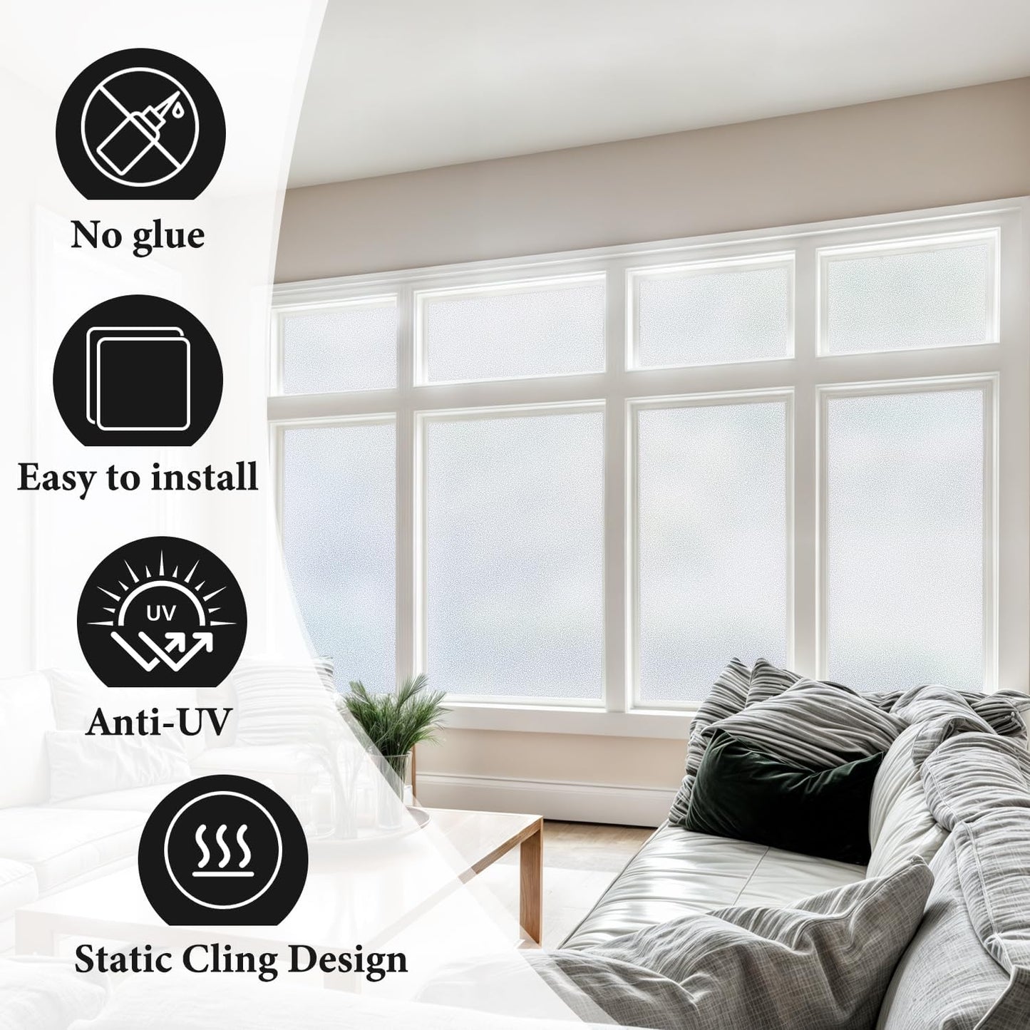 DUOFIRE Privacy Window Film Natural Frosted Glass Film Static Cling Glass Film No Glue Anti-UV Window Sticker Non Adhesive for Privacy Office Meeting Room Bathroom Living Room 17.4in. x 157.4in. S001
