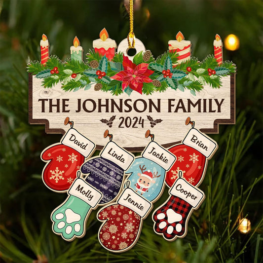 Family with Pet Ver 2 - Personalized Custom Wood Ornament, Family Gloves Christmas Ornament 2024, Xmas Ornament Gifts for Family Tree Decoration (A06, 4 Names)