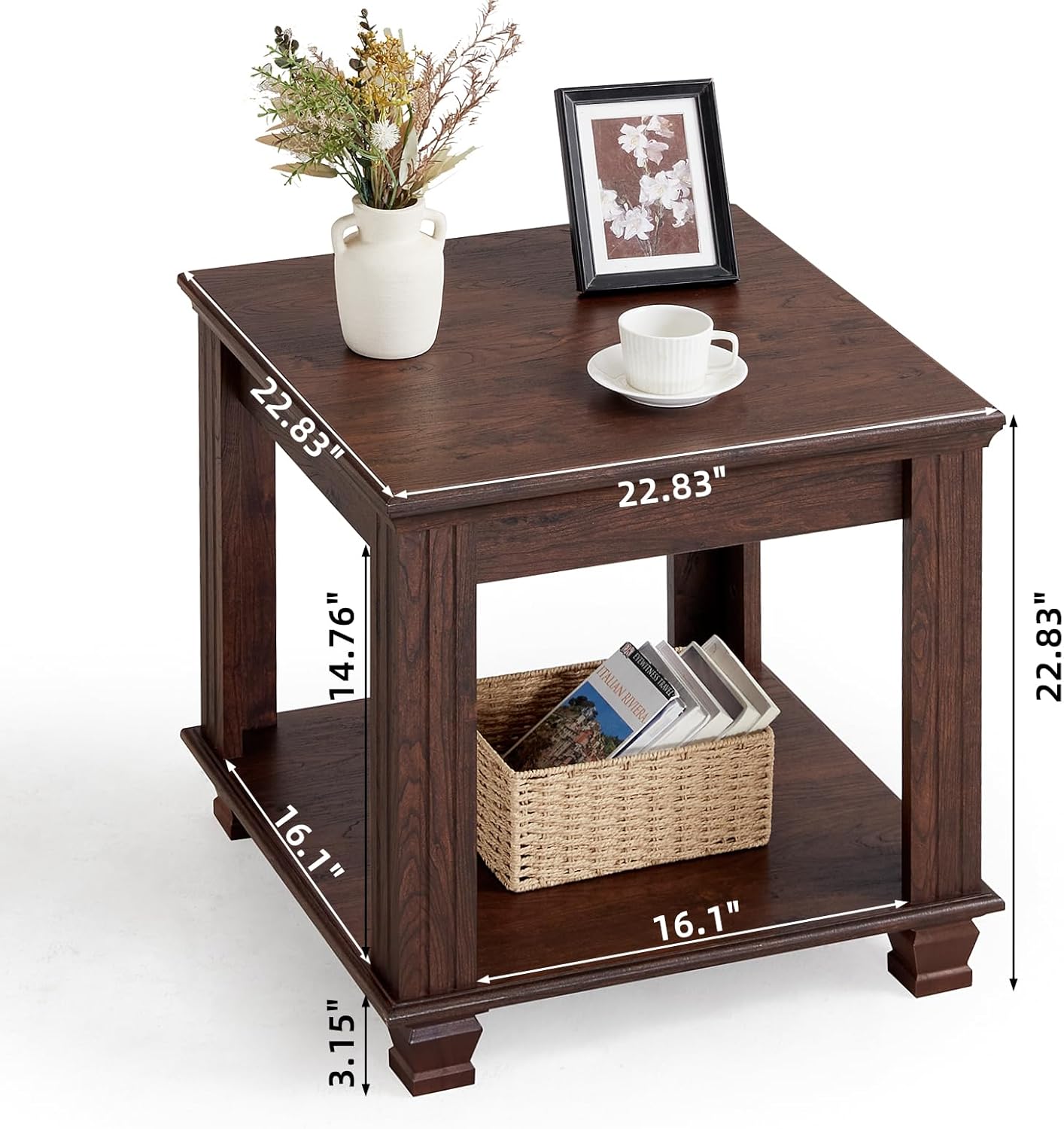 Farmhouse End Table Set of 2,Large Side Table with 2-Tier Storage Shelf,Rustic Brown End Tables for Living Room,Square Tea Table,Walnut