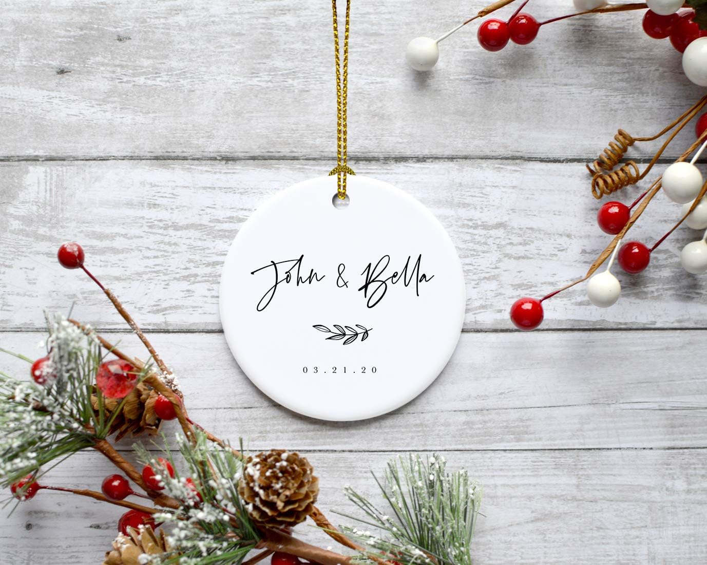 Andaz Press Personalized Round Ceramic Porcelain Christmas Tree Ornament Engagement Keepsake Collectible Gift, John & Olivia 03.21.20, Antique Handdrawn, 1-Pack