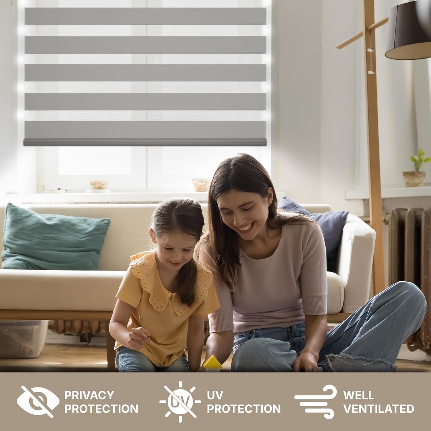 HESTIA Cordless Zebra Blinds Light Filtering Roller Shades UV Blocking Blackout Privacy Indoor Window Shades for Home Office Day and Night, Brown,49" W x 48" H