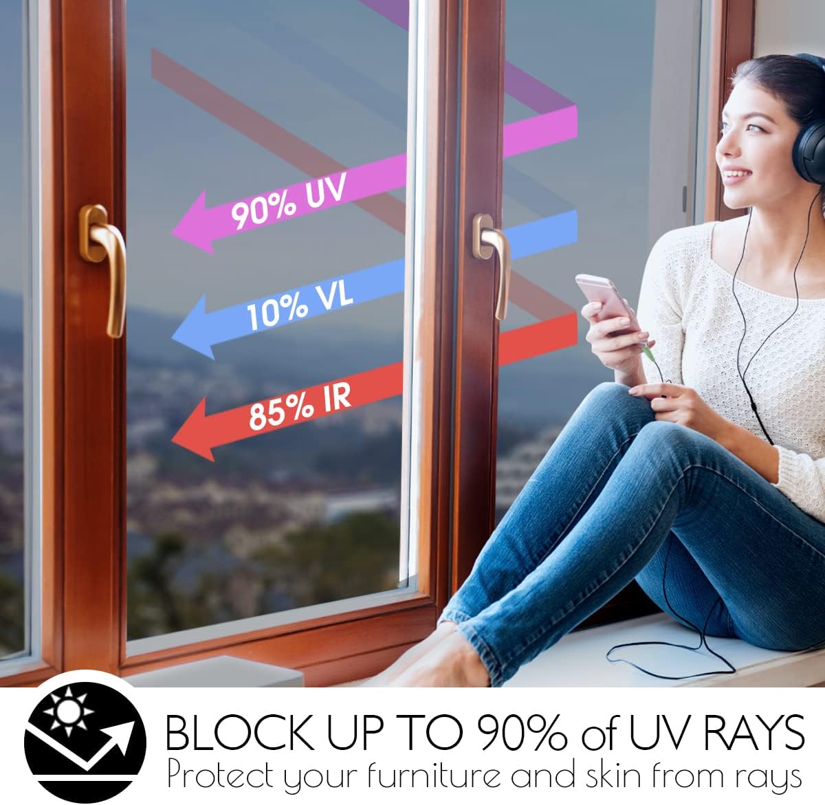 HIDBEA One Way Privacy Window Film, Daytime Mirror Reflective Heat Control UV Sun Blocking Non-Adhesive Static Cling Window Tint for Home and Office(Black-Silver, 45.2 Inch x 19.6 Feet)