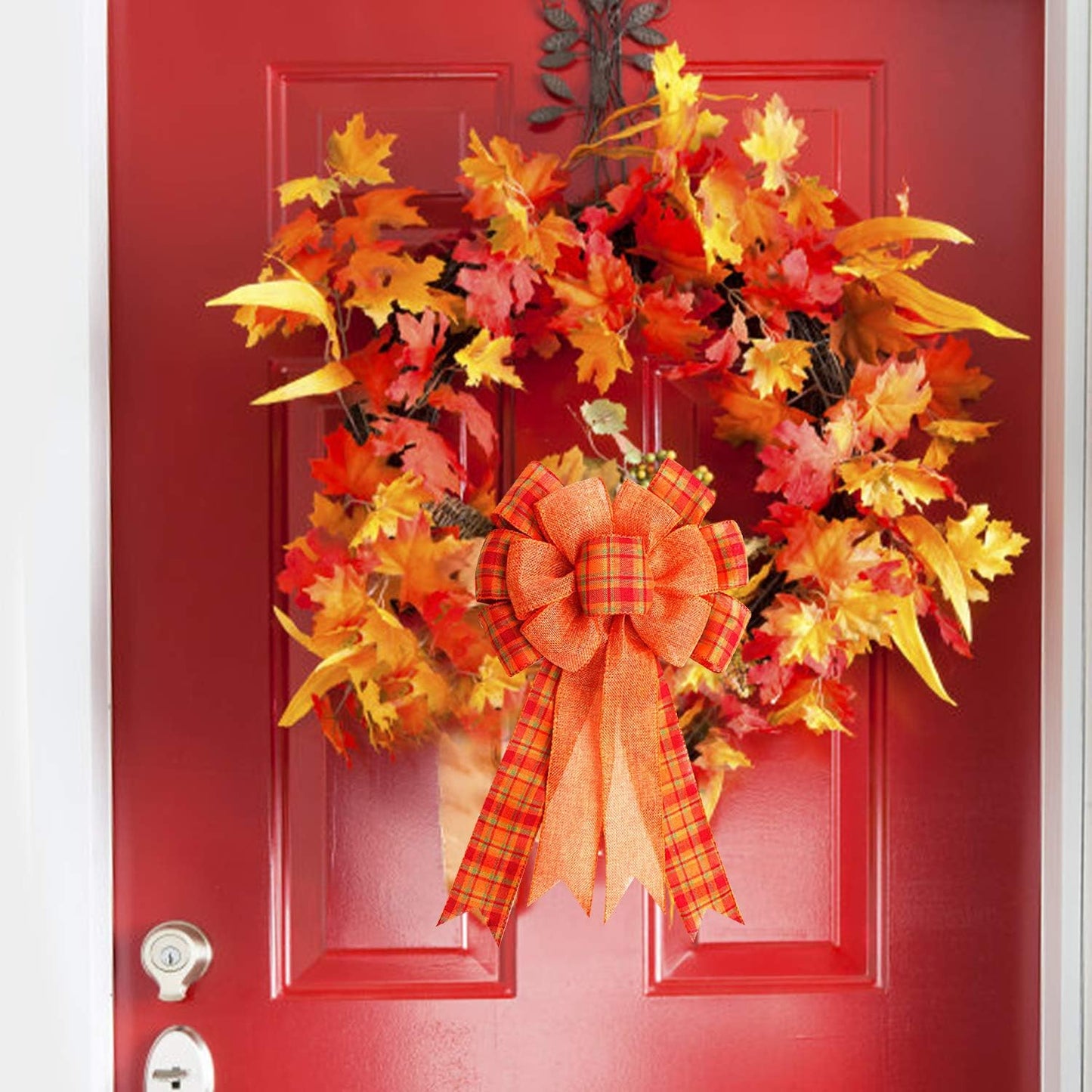 Iceyyyy 3Pcs Large Fall Thanksgiving Wreath Gift Bow -18.8x10.6inch Orange Buffalo Plaid Check Wreath Swag Bow Wreath Pre-Tied Bow for Fall, Thanksgiving, Christmas, Home Indoor Outdoor Ornaments