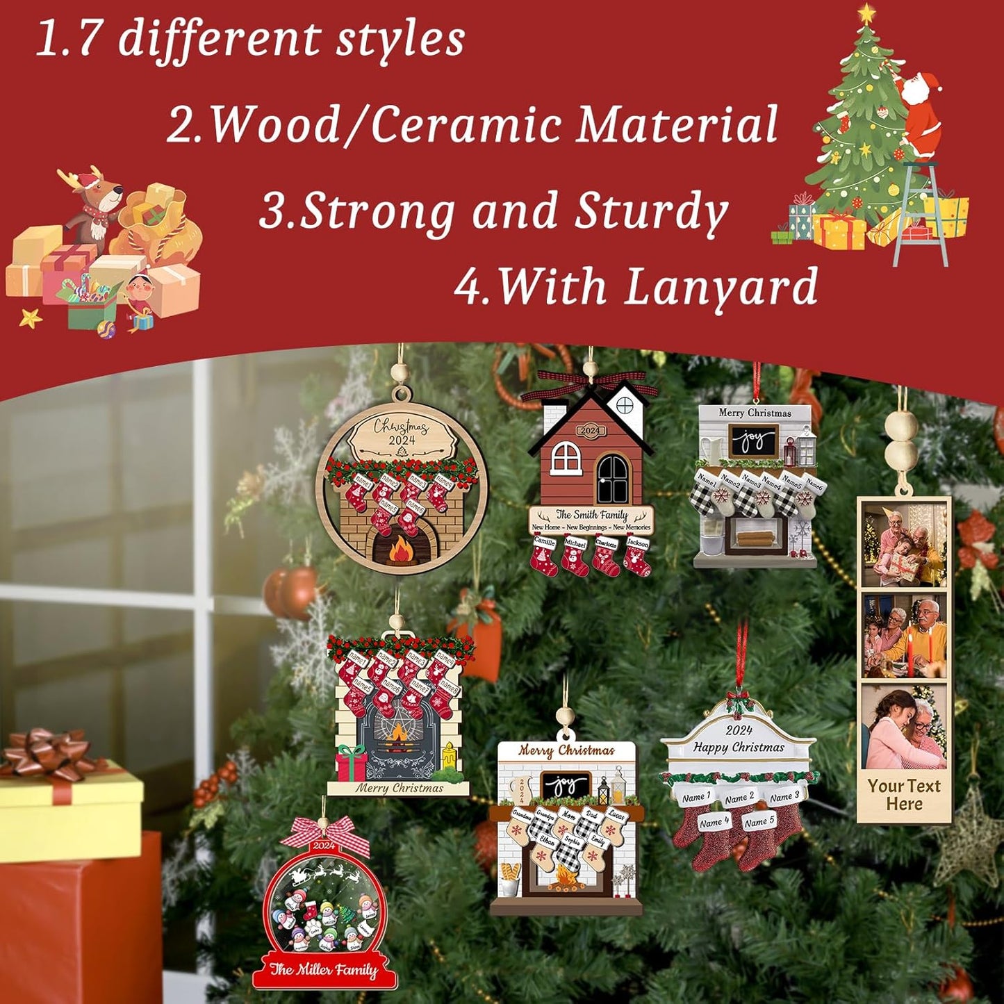 Personalized Christmas Ornaments with Names of 2/3/4/5/6/7/8 Custom Family Ornament Customized Xmas Tree Hanging Wood Decoration Gift Round Fireplace