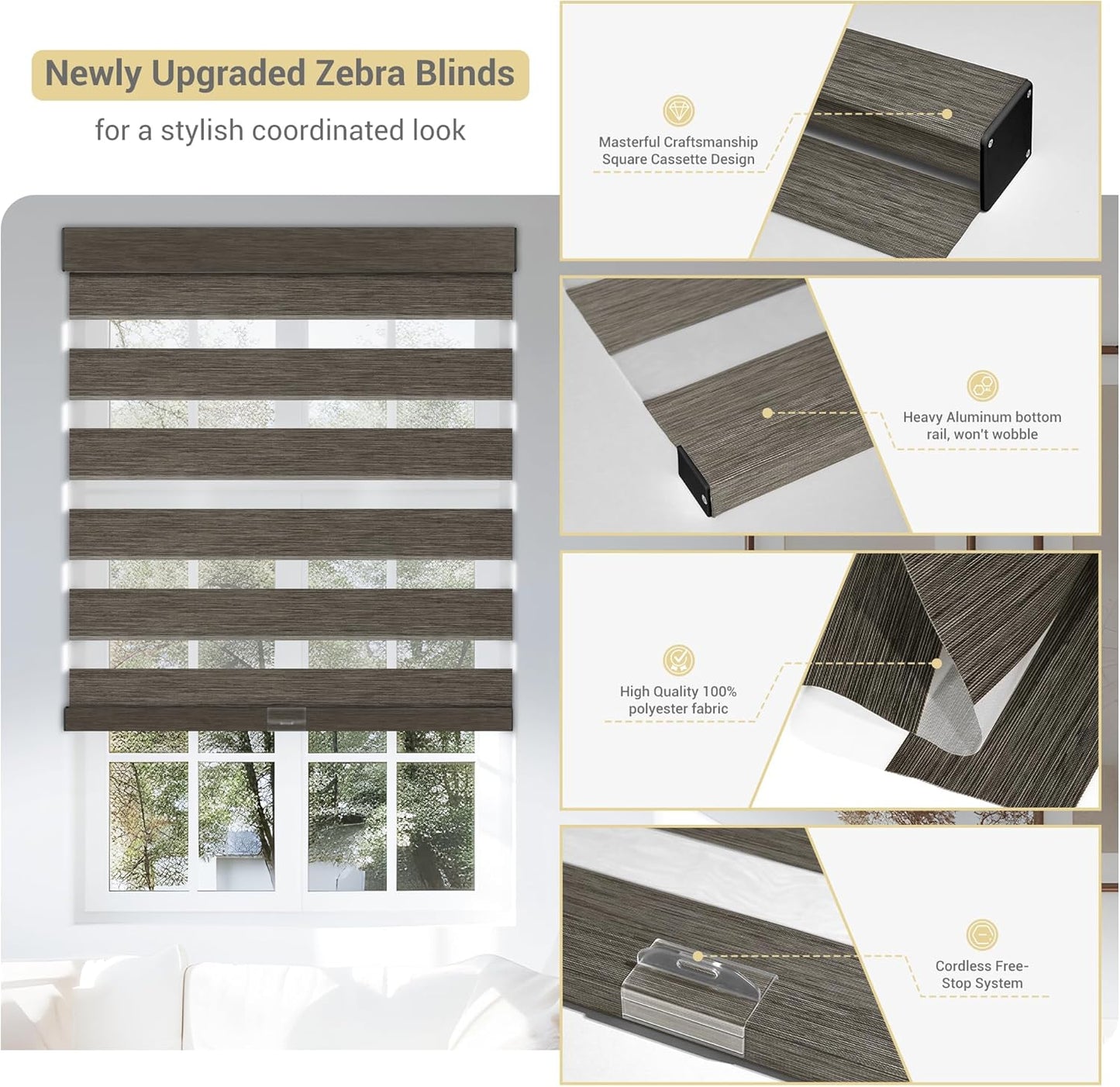 Cordless Zebra Blinds for Windows, Blackout Interior Blinds,Easy to Install,UV Protection,for Offices and Home,Custom Roller Shades, Mousse Dark Bown,13" W x 72" H