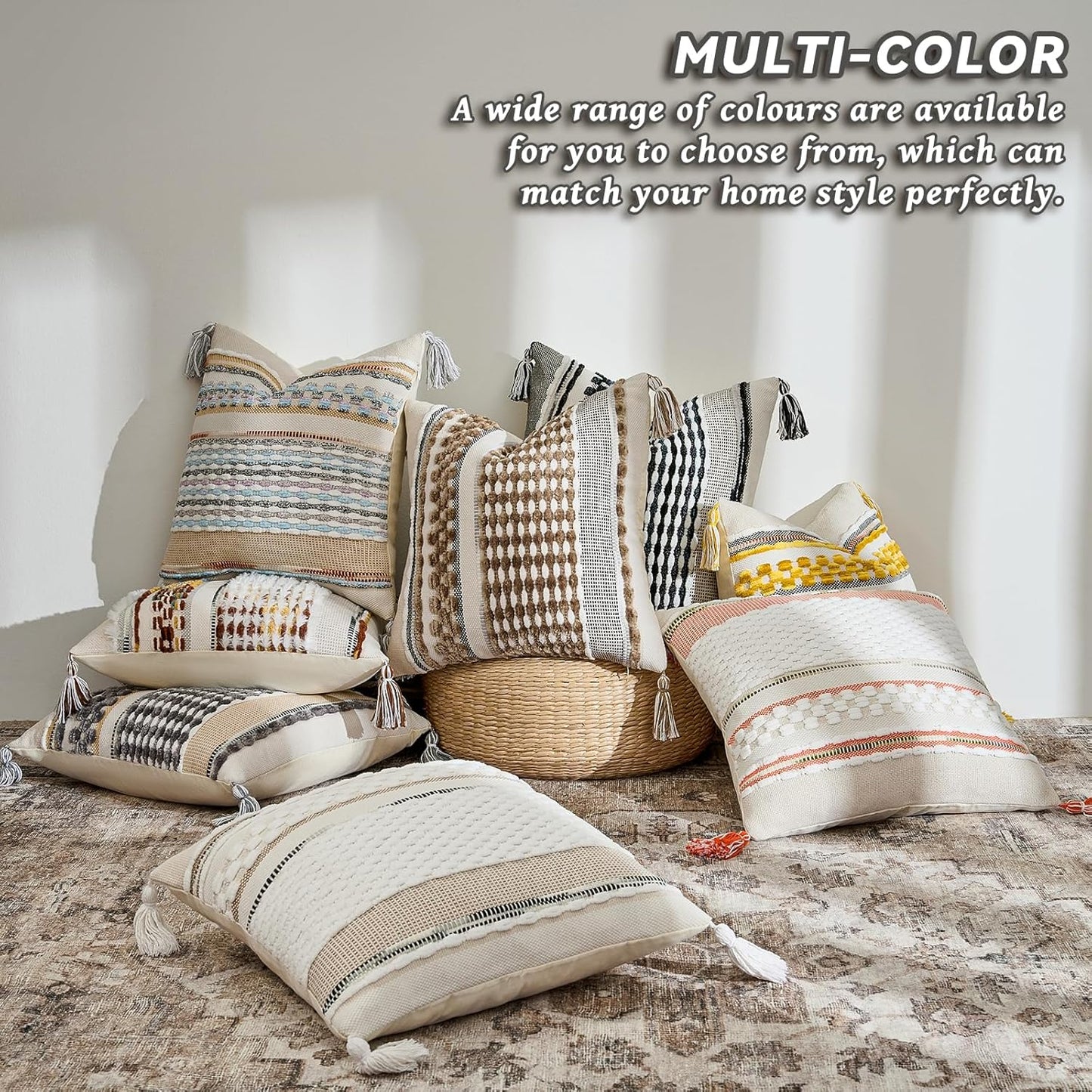 AmHoo Chenille Striped Textured Boho Throw Pillow Covers Aesthetic with Tassels Woven Decorative Pillow Case for Couch Bed Sofa Bedroom Modern Funky 18 x 18-Inch White Multicolor