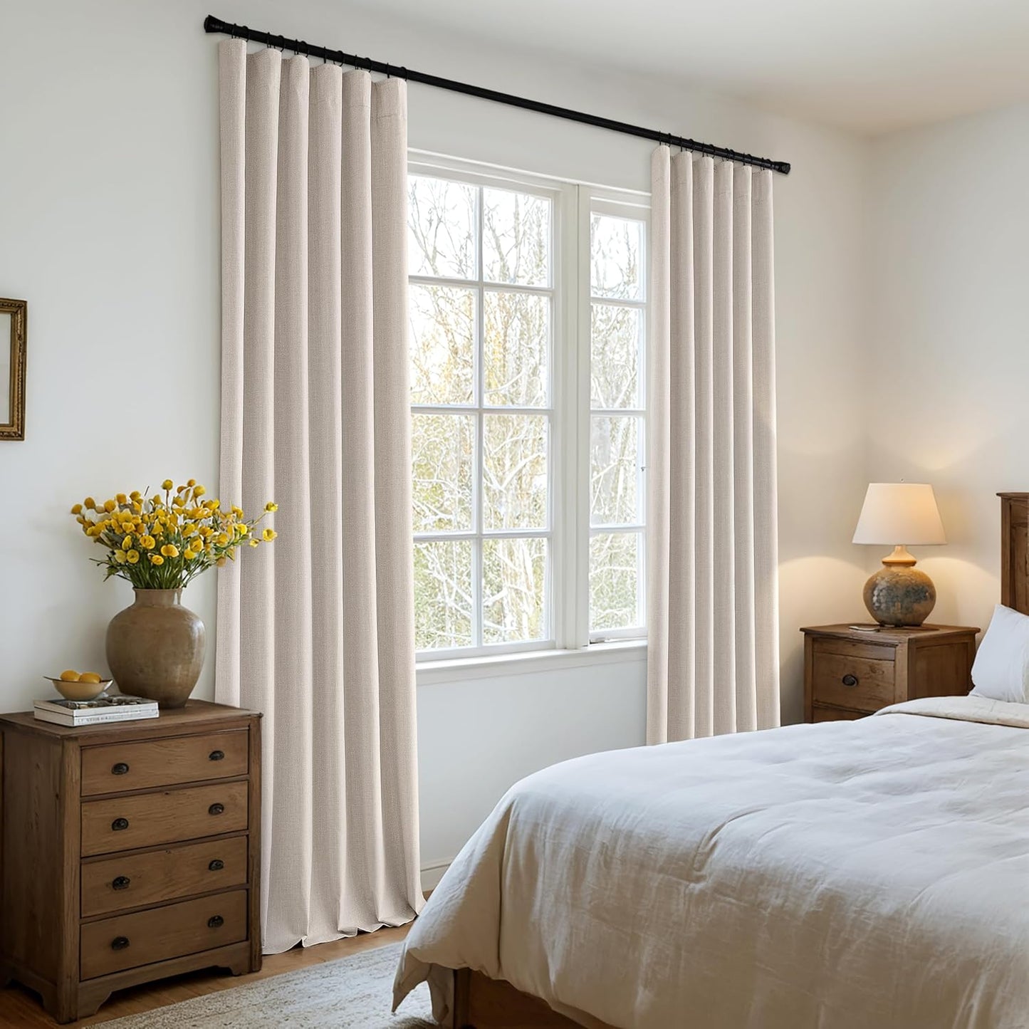 MIULEE 100% Blackout Curtains 90 Inch Long 2 Panels Set for Bedroom, Thick Luxury Faux Linen Black Out Curtain Room Darkening Back Tab Pleat Window Textured Drapes with Hooks for Living Room, Beige