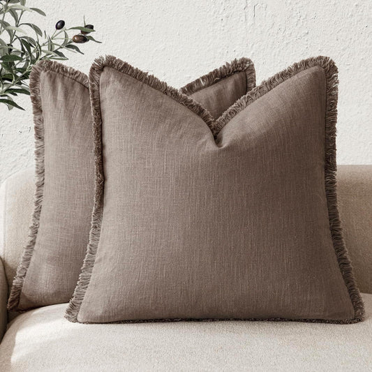 Foindtower Set of 2 Decorative Linen Fringe Throw Pillow Covers Cozy Farmhouse Cushion Cover with Tassels Accent Pillowcase for Couch Chair Sofa Bed Living Room Home Decor,22×22 Inch,Light Coffee