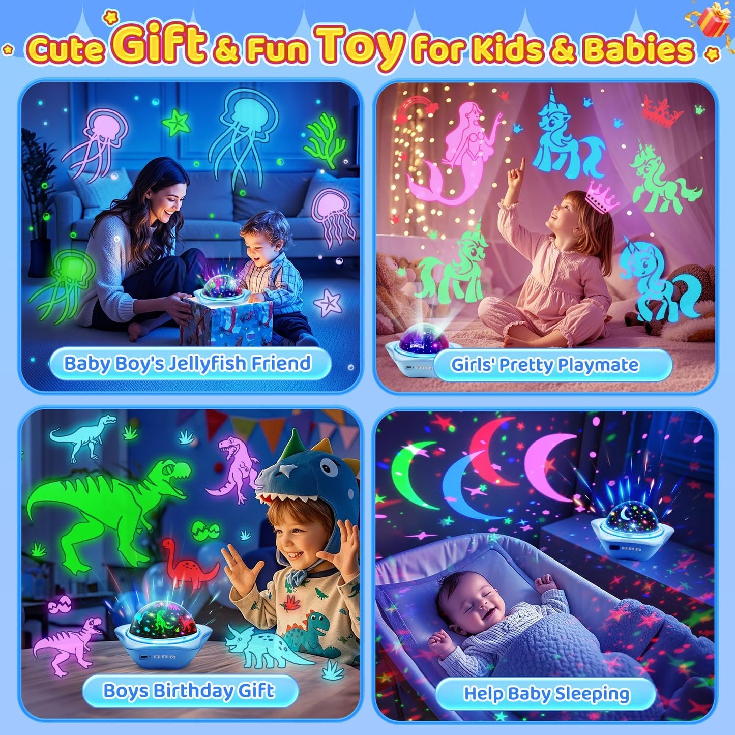 Jellyfish Baby Night Light Projector, Dinosaur+Jellyfish+Unicorn Night Light Projector, 96 Projection Options+USB Rechargeable Baby Sleeping Toys Baby Gifts,Jellyfish Lamp Baby Toys Baby Gifts Newborn