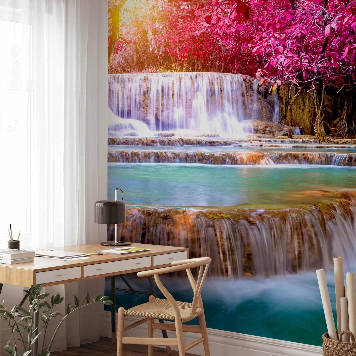 artgeist Premium Wall Mural Waterfall 216x98 in - Non-Woven Photo Wallpaper Art Print Fleece Wall Mural Decoration Poster Picture Design Nature Sun Pink Tree Forest c-B-0474-a-a