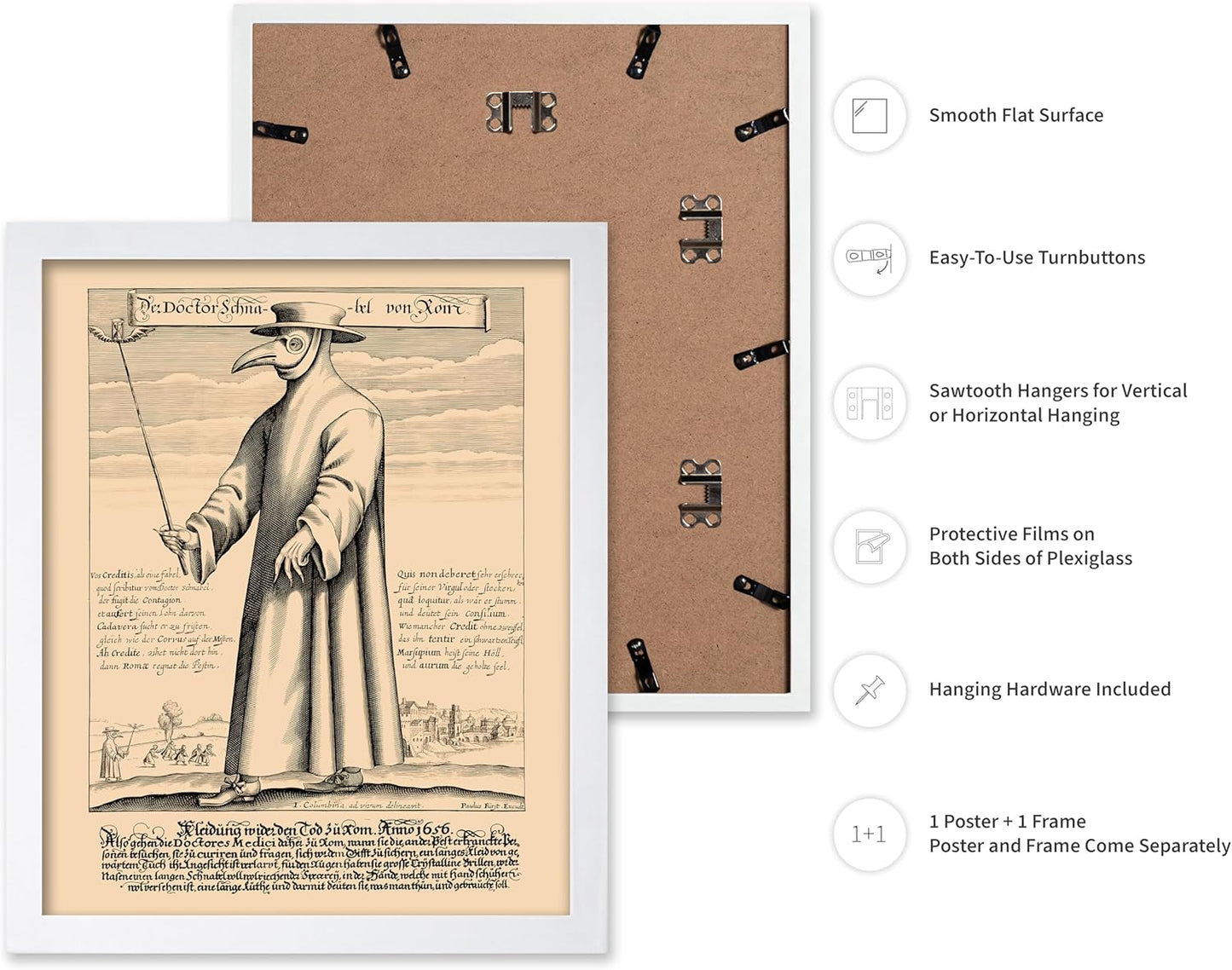 Poster Master Vintage Medieval Poster - Retro Illustration Print - Gift for Friend - Plague Doctor, Pandemic Mask, Physician, Black Death - Wall Decor for Home, Living Room, 8x10 White Framed