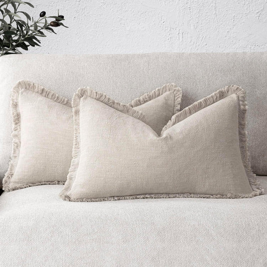 Foindtower Set of 2 Decorative Linen Fringe Throw Pillow Covers Boho Farmhouse Cushion Cover with Tassels Accent Pillowcase for Couch Bed Sofa Living Room Home Bedroom Decor, 12×24 Inch, Natural Beige