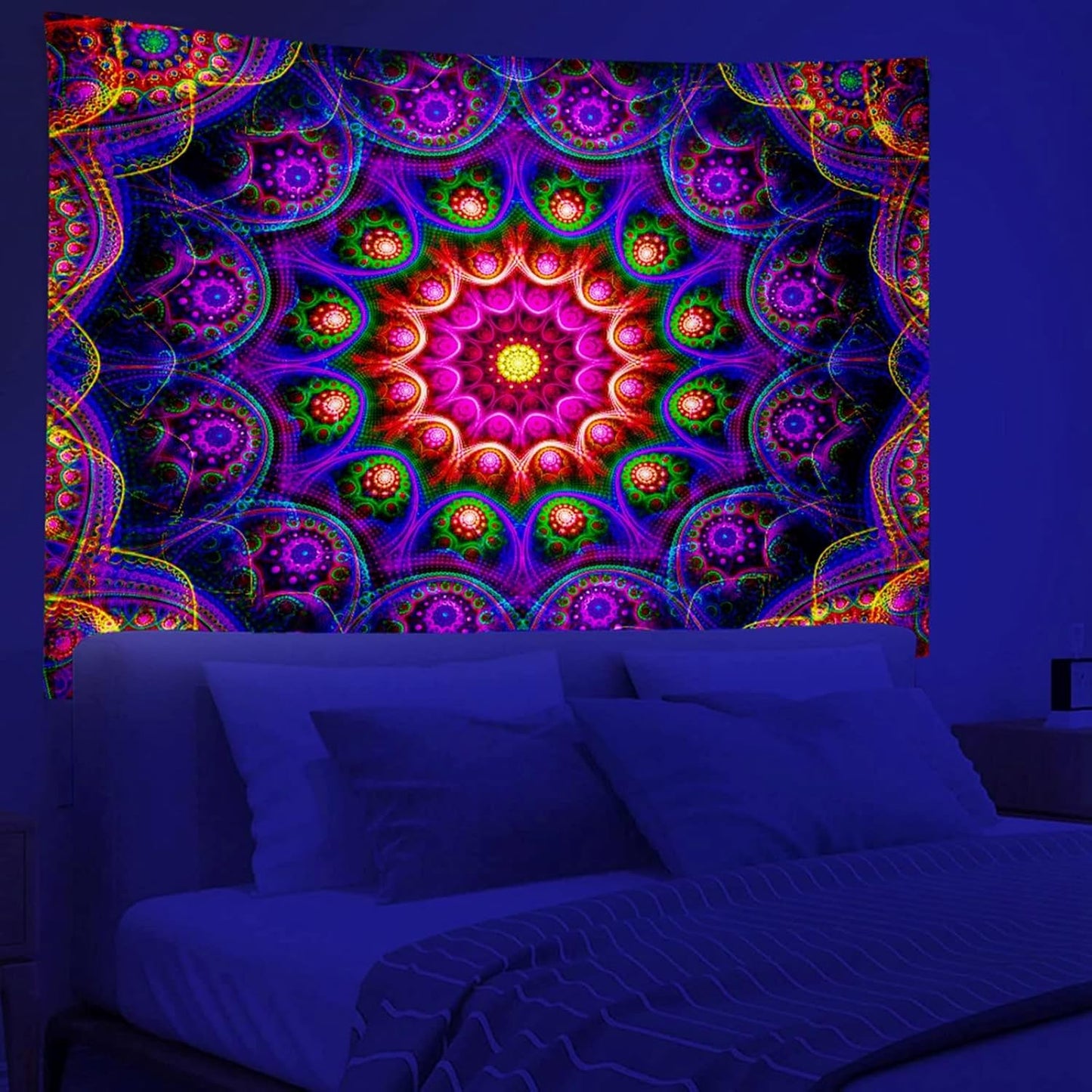 Blacklight Trippy Mandala Tapestry, Boho Black Light Posters for Adults UV Reactive Room Decor for Bedroom Wall (80 x 60 Inches)