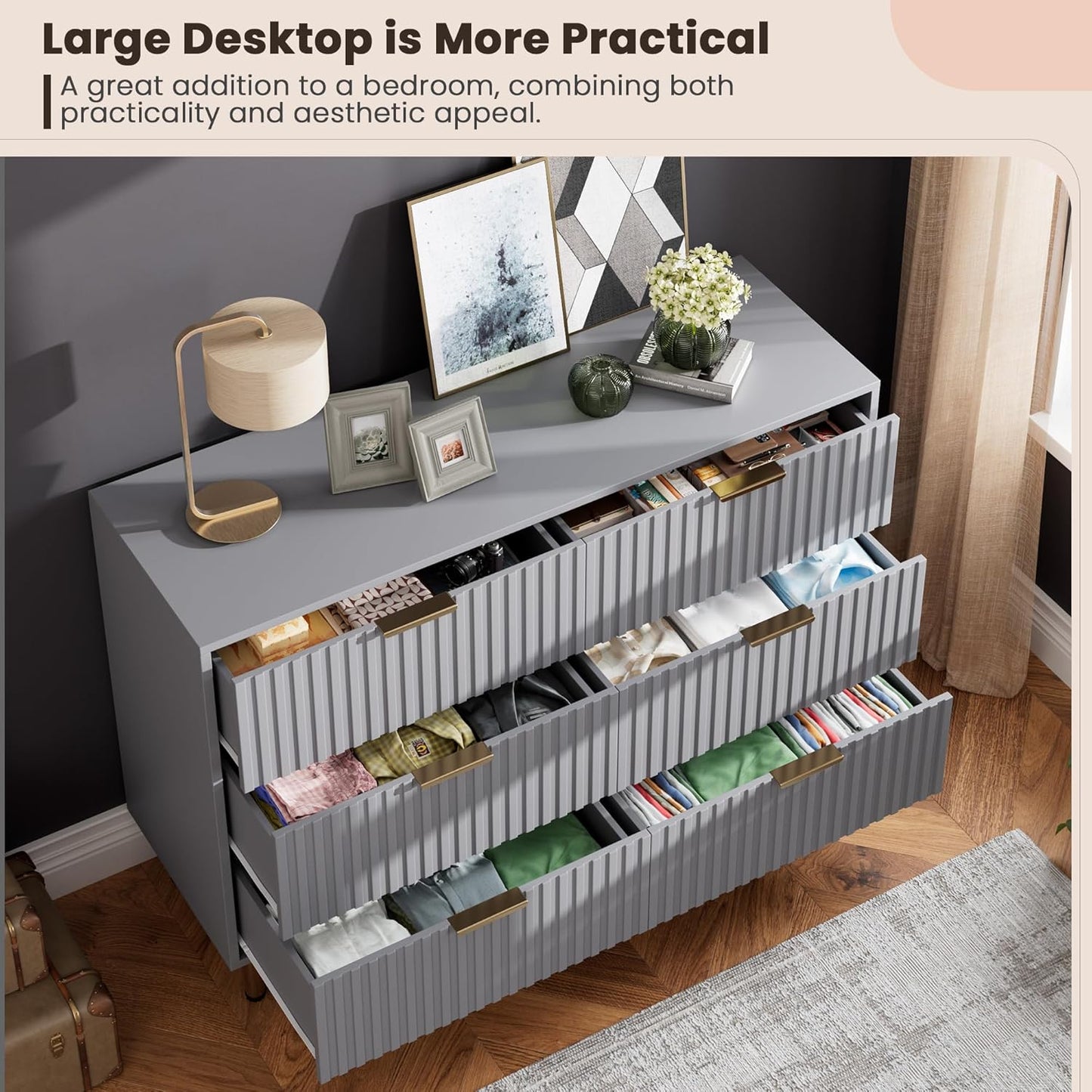 6 Drawer Dresser for Bedroom, Fluted 47.2" Wide Modern Chest of Drawers with Deep Drawers, Long Large Double Dresser TV Stand, Wooden Dresser Organizer for Living Room, Hallway, Kids Room, Grey