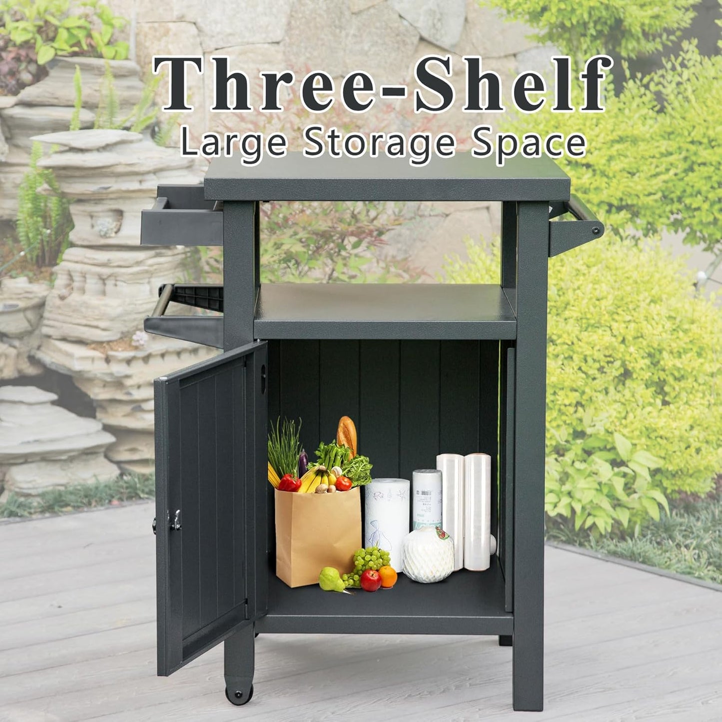 Domi Grill Carts Outdoor with Storage and Wheels, Whole Metal Portable Table and Storage Cabinet for BBQ,Deck,Patio,Backyard(Dark Grey)