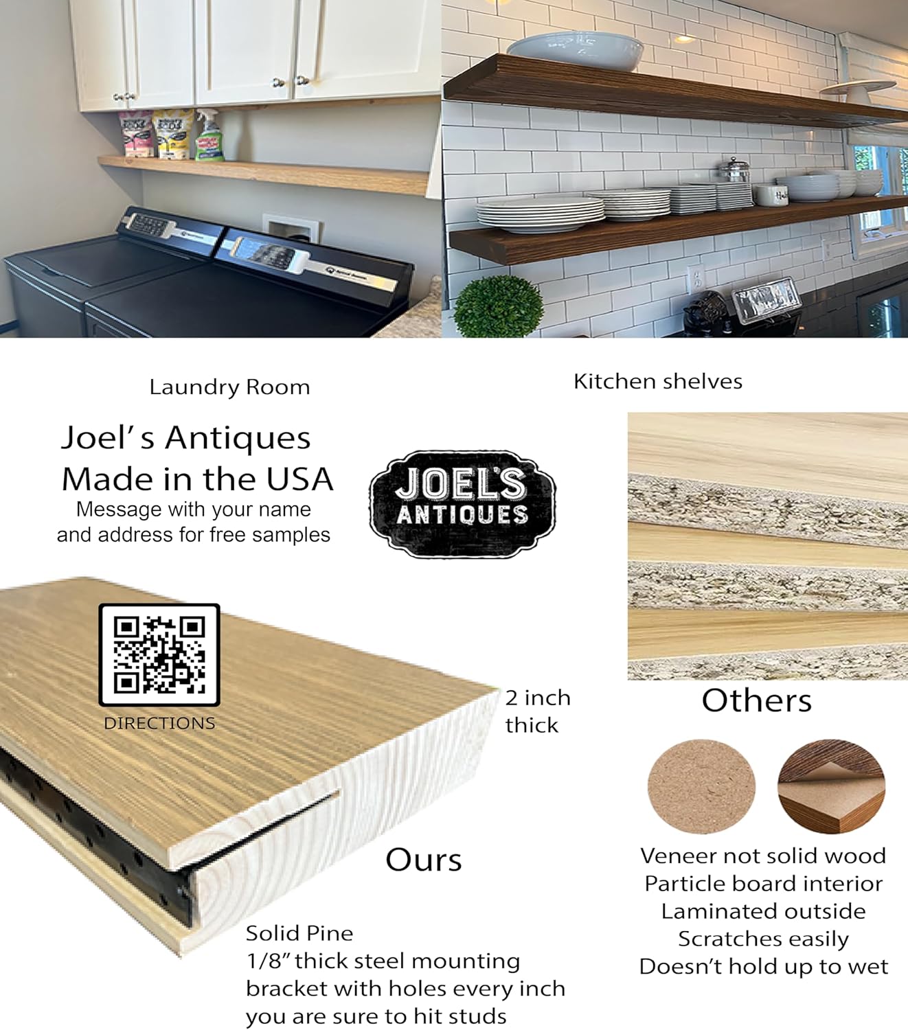 Joel's Antiques - 48 Inch Wooden Floating Shelves for Wall - 48x12x2 in - Made of Natural Wood - Long Heavy Duty Rustic Wall Shelves for Bedroom - Perfect for Living Room, Kitchen - Black