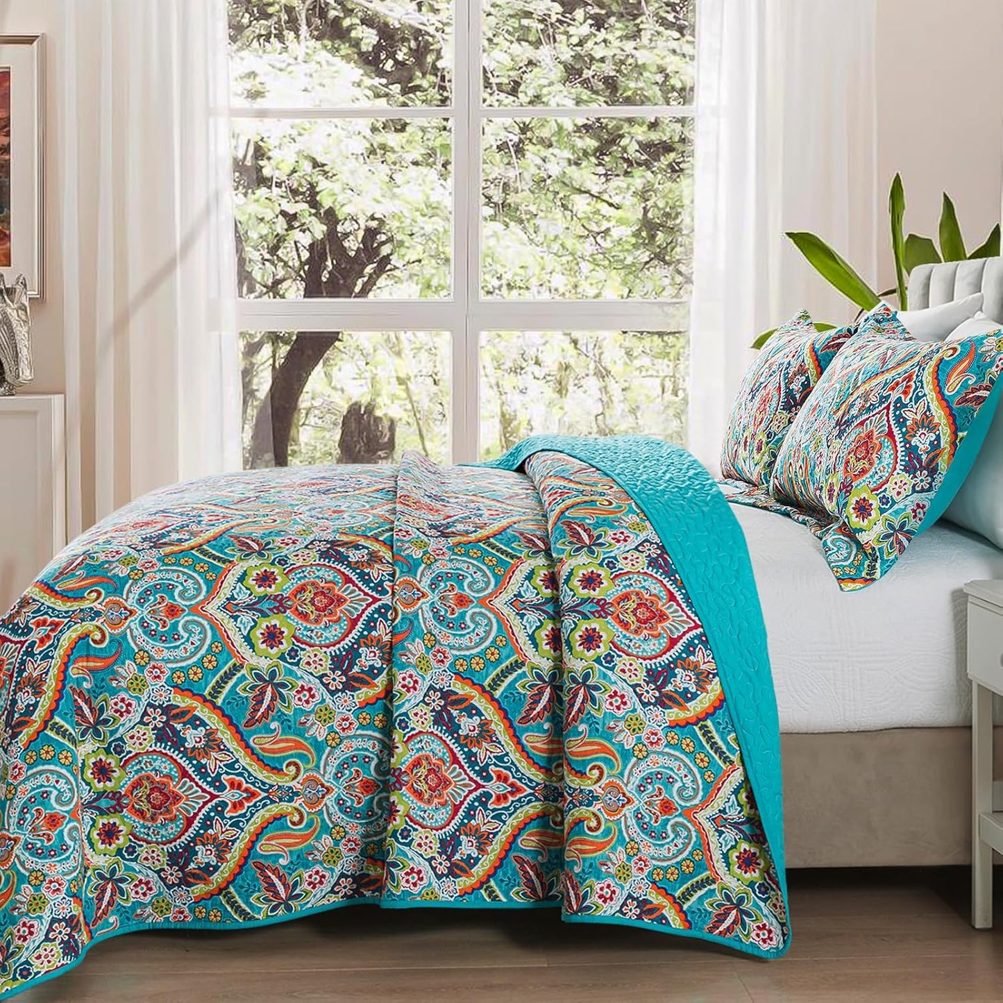 VAPUTAR Quilt California King Size Bedding Set - Cotton California King Quilt (108 * 118 Inch) - Boho Lightweight Reversible Oversized Bedspread for Farmhouse Bedroom (Teal), 3 Pieces
