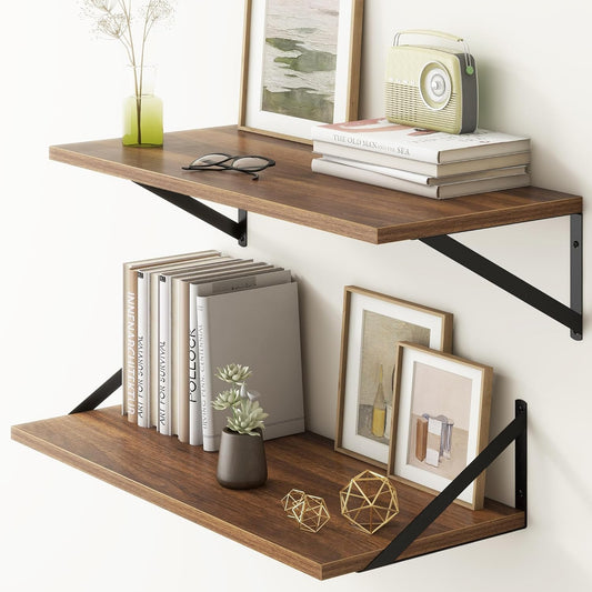 Fun Memories 27.5" W x12 D Floating Shelves, Large Wall Shelves 27.5 Inch Long, Set of 2, Farmhouse Wood Floating Shelf Wall Mounted, Deep Shelves for Bathroom, Living Room, Kitchen, Walnut Color