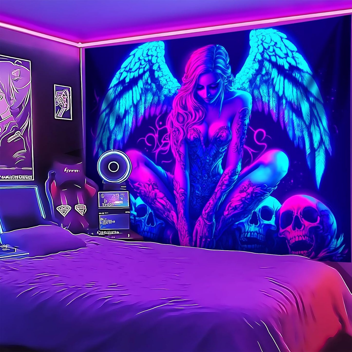Blacklight Tapestry,WingTapestry Glow In The Dark,UV Reactive Black Light Upright Posters Wall Hanging for Bedroom Dorm Living Room Backdrop Decor (wing15, 59L" x 51W")