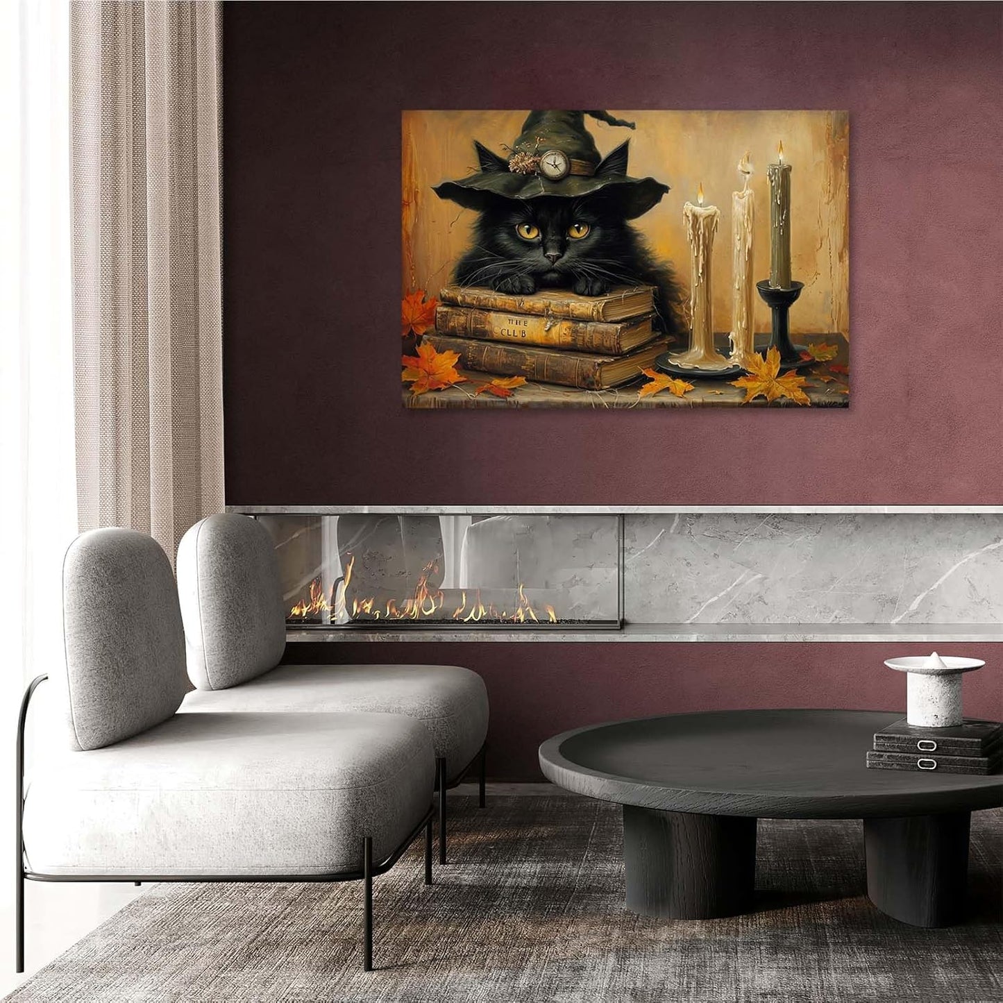 JFHCQJPK Vintage Halloween wall decoration black cat and magic book suitable for home bedroom living room decoration dark classic art witch wall decoration8x12in Frameless