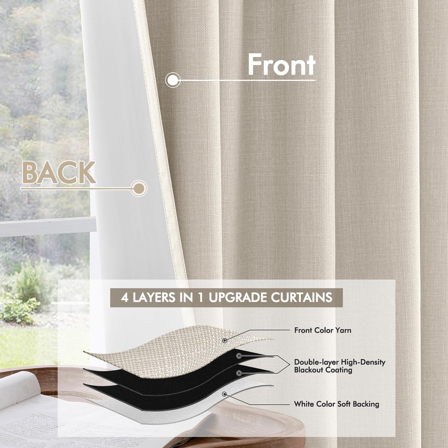 MIULEE 100% Blackout Curtains 108 Inch Long 2 Panels Set for Bedroom, Thick Luxury Faux Linen Black Out Curtain Room Darkening Back Tab Pleat Window Textured Drapes with Hooks for Living Room, Birch
