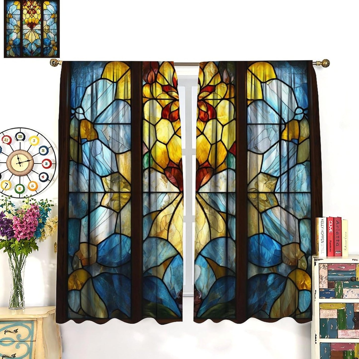 Stained Glass Curtains,Retro Abstract Colorful Art Home Decor Drapes for Bedroom Living Room Kitchen Window Treatment 2 Panels Set Total Size 55" W X 63" L Inch