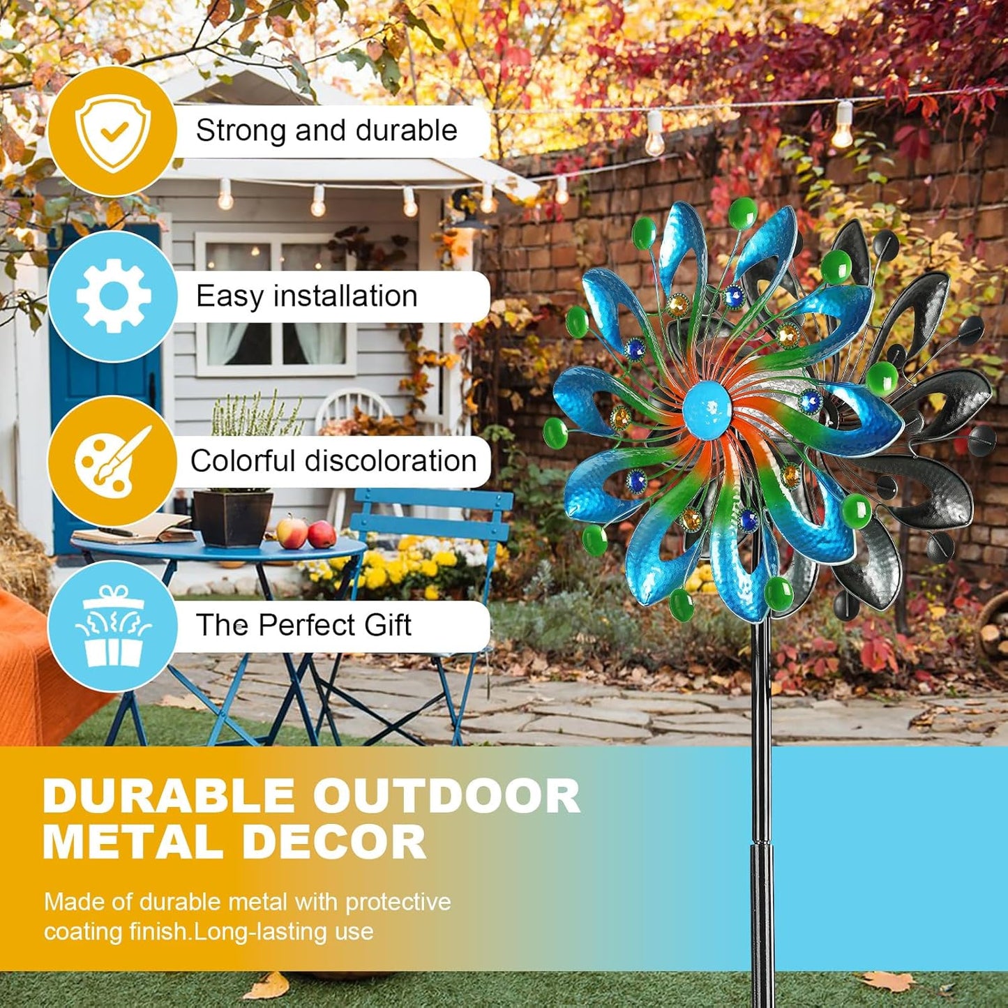 Wind Spinners for Yard and Garden - Wind Sculptures & Spinners, 75 Inch, Navy Blue, Kinetic Art with Solar Powered Multi-Color Glass Ball Light