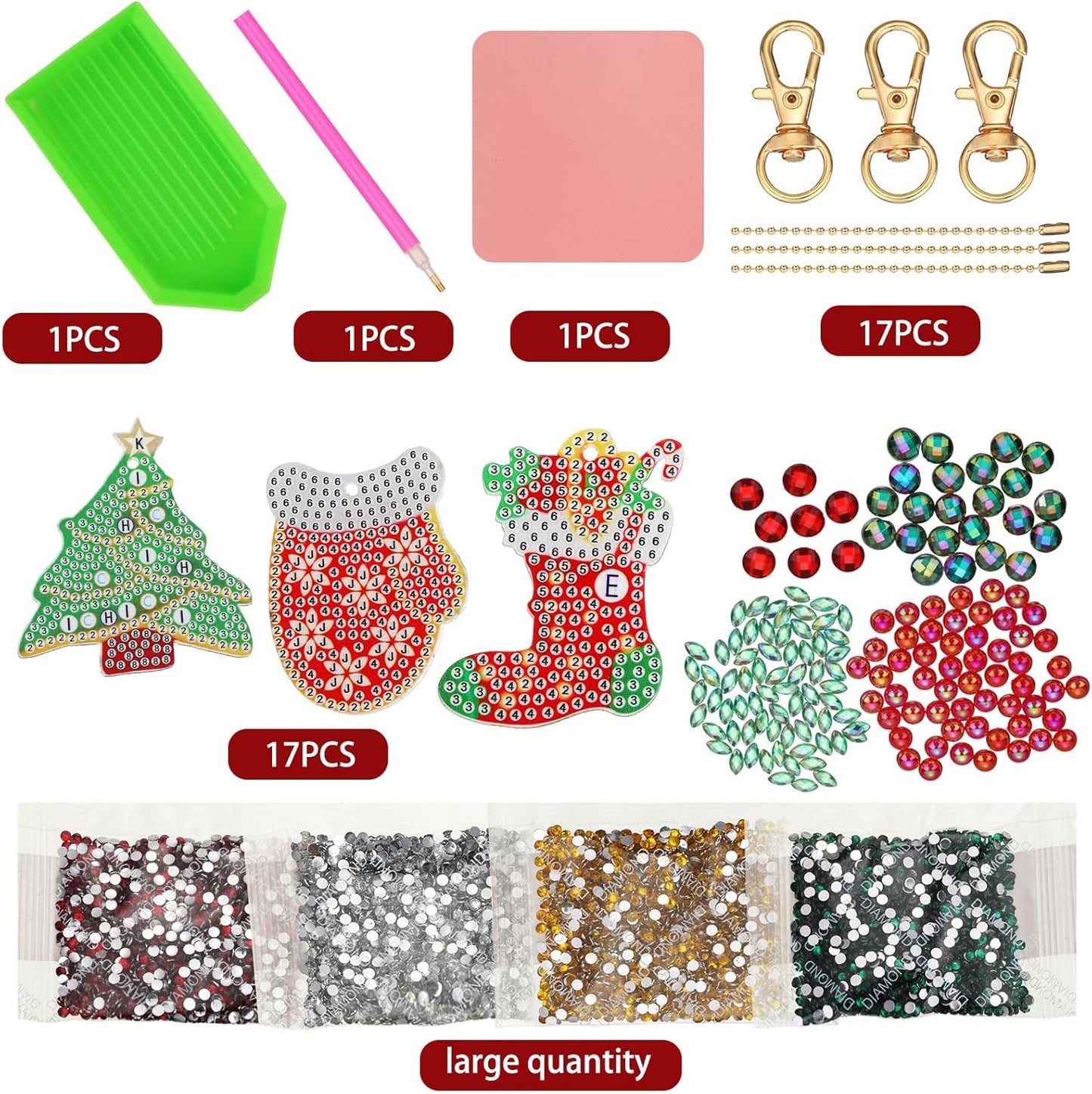 Yaomiao 17 Pieces Double Sided Diamond Art Christmas Ornaments Christmas Keychains Diamond Art Kit for Adult DIY 5d Painting Round Drill Key Chain Xmas Crystal Rhinestone Arts Craft Keychain Supplies