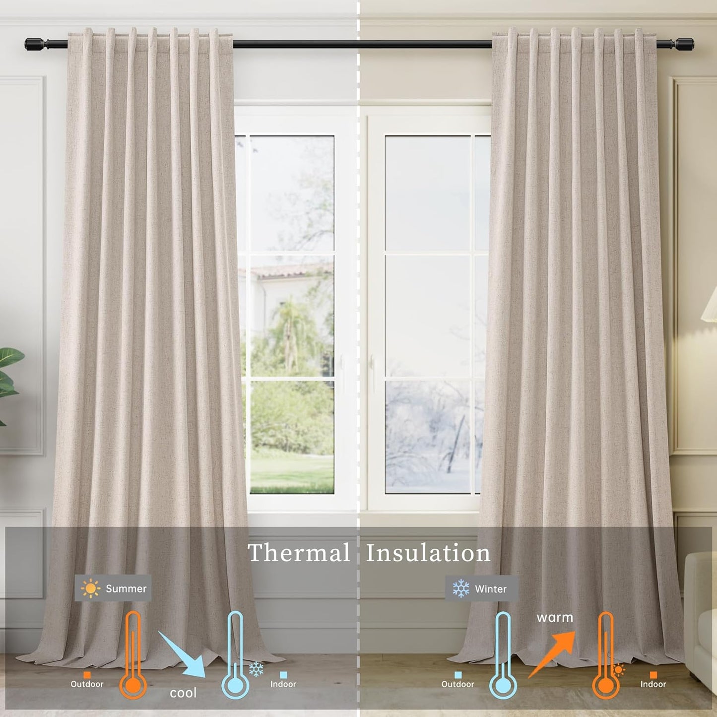 BOODII Oatmeal Linen Black Out Curtains 63 Inch Long 2 Panels Set for Bedroom Light Blocking Curtains Greige with 100% Blackout Backing Warm Taupe Thermal Insulated Room Darkening Nursery Curtain