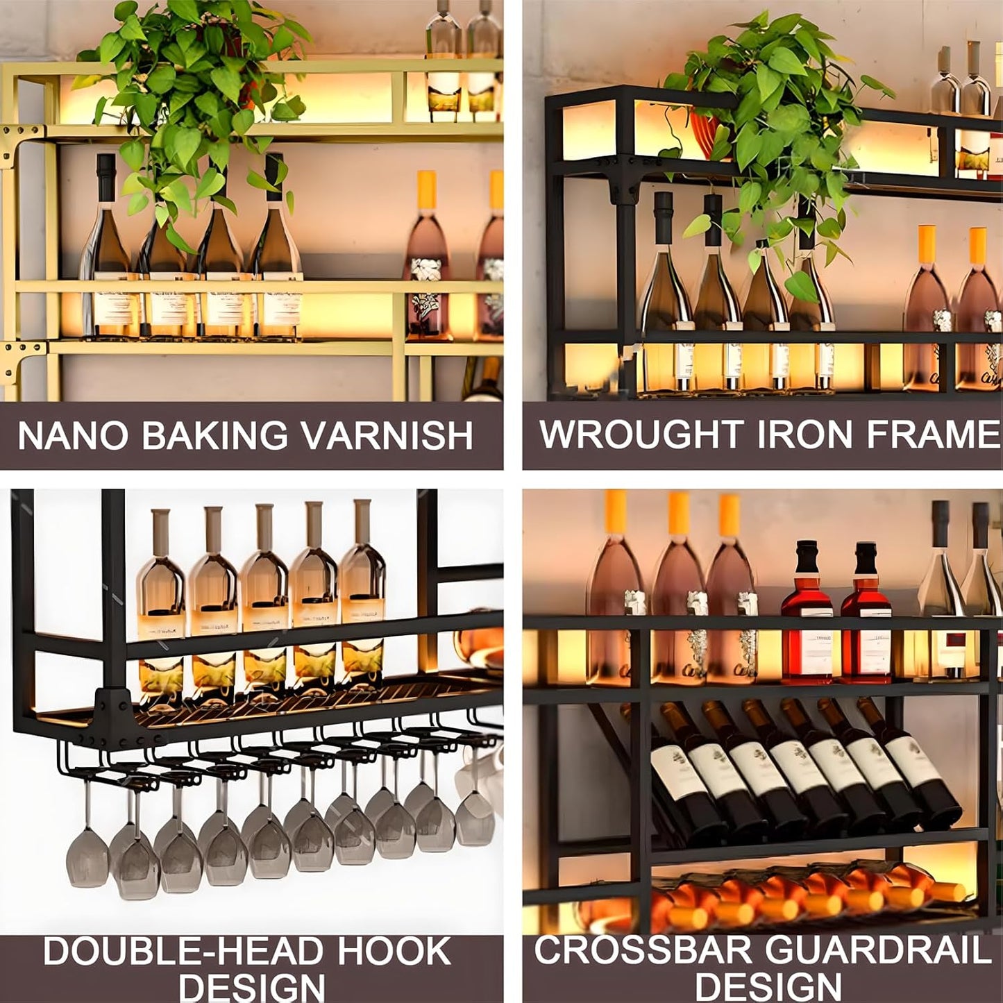 47.2in Wall Mounted Wine Rack, Wine Rack Wall Mounted With Wine Glass Rack, Metal Bar Bottle Display Shelf Wine Cups Hanging Holder, For Home Bar Cafe Dining Room Decoration (GOLD, 47.2*10*35.5inch)