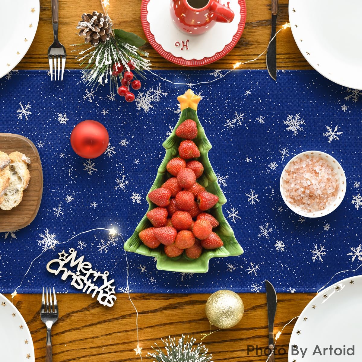 Artoid Mode Snowman Birds Trees Christmas Table Runner, Seasonal Blue Winter Holiday Kitchen Dining Table Decoration for Indoor Outdoor Home Party Decor 13 x 72 Inch