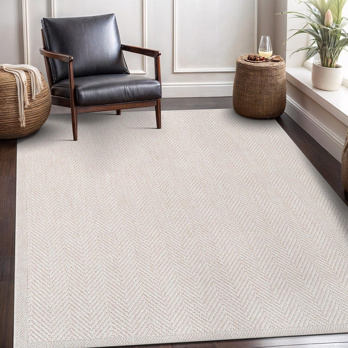 CAMILSON Easy Jute Rug 6x9, Indoor Outdoor Off-White Color Fiber Area Rugs for Living Room Patio and Bedroom Rug Herringbone Seagrass Woven Design Easy-Cleaning, Washable Outside Carpet Alfombras 6x9