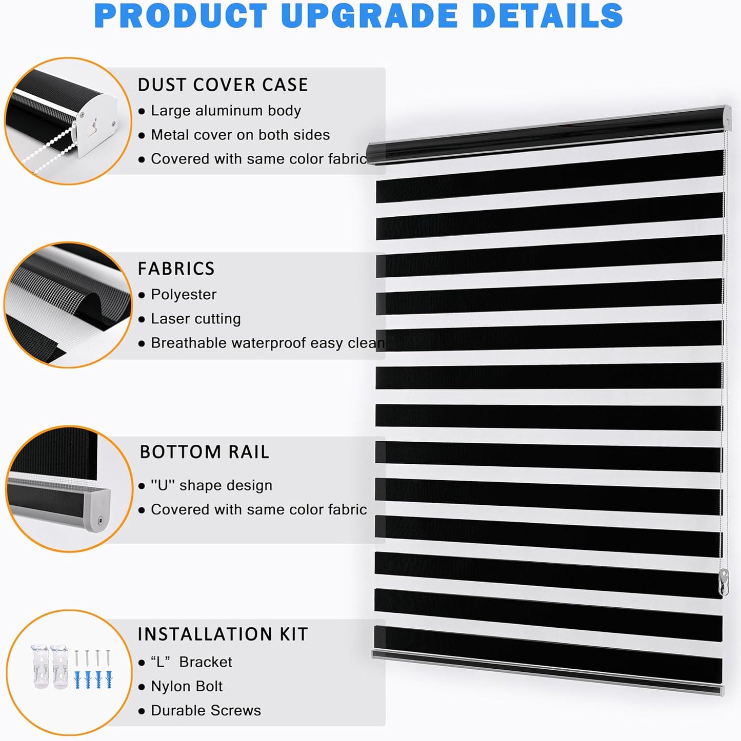 Blackout Zebra Blinds, Dual Layer Free-Stop, Room Darkening Zebra Shades, Blinds for Indoor Windows, Light Filtering Privacy Sheer Shade for Home(67" W X 72" H, Black)