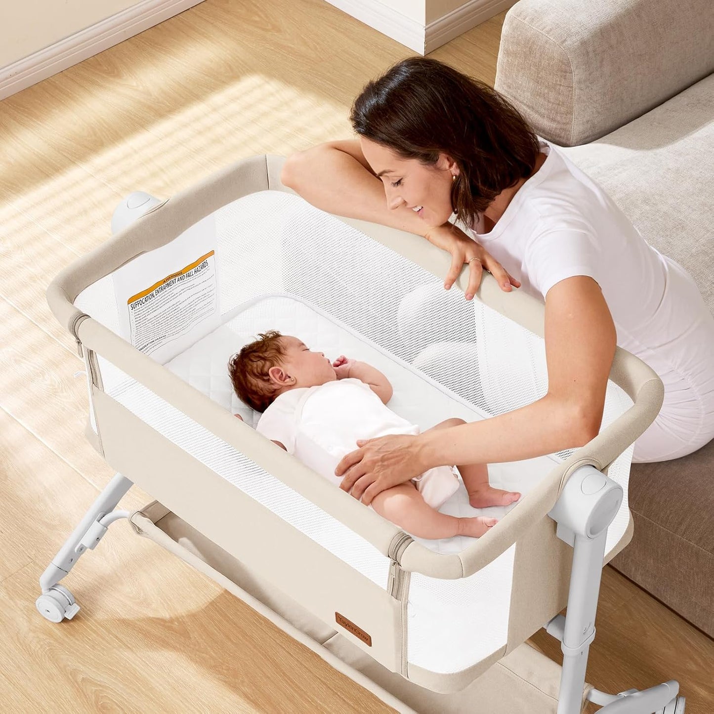 Bassinet Bedside Sleeper - All-Mesh Design, Portable Bedside Bassinet for Baby with Washable Mattress, 5 Adjustable Heights（Beige）