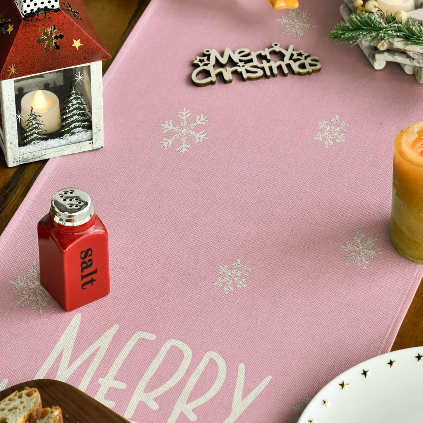 Artoid Mode Xmas Trees Snowflakes Pink Merry Christmas Table Runner, Winter Seasonal Kitchen Dining Table Decoration for Home Party Decor 13x72 Inch