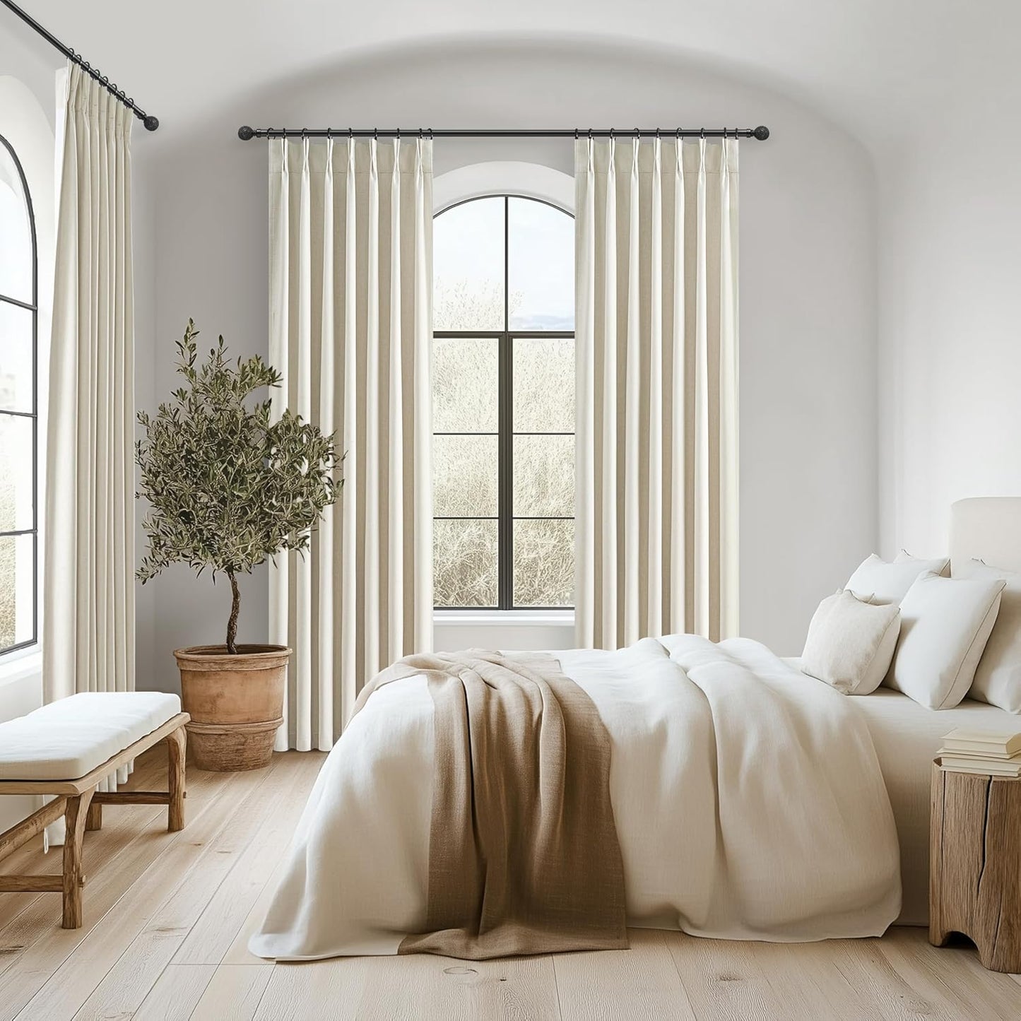 Warm Cream Extra Long Pleated Black Out Curtains 105 Inches Long for Living Room, Natural Linen Blend Patio Door Curtain with Track&Back Tab 2 Panels Set Insulated Privacy Window Drapes (40"Wx105"L）