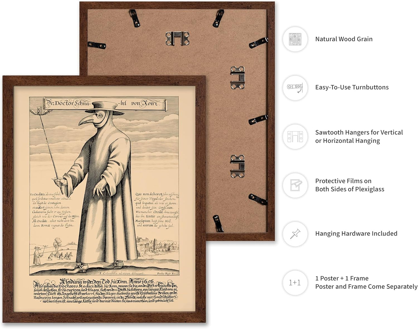 Poster Master Vintage Medieval Poster - Retro Illustration Print - Gift for Friend - Plague Doctor, Pandemic Mask, Physician, Black Death - Wall Decor for Home, Living Room, 16x20 Brown Framed