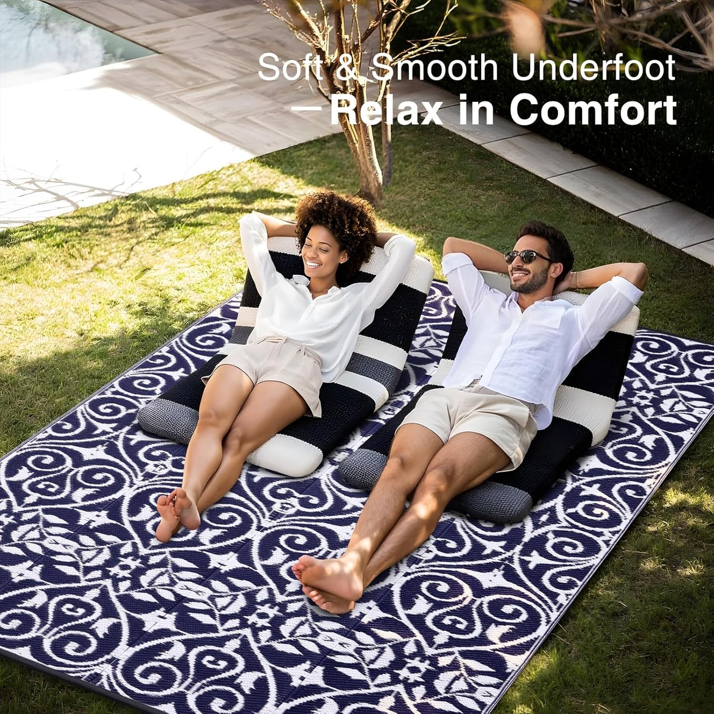 OLANLY Outdoor Rug Waterproof 6x9 ft Clearance, Reversible Outdoor Plastic Straw Rug with Floral Pattern, RV Mat for Patio, Camping, Balcony, Deck, Backyard, Navy & White