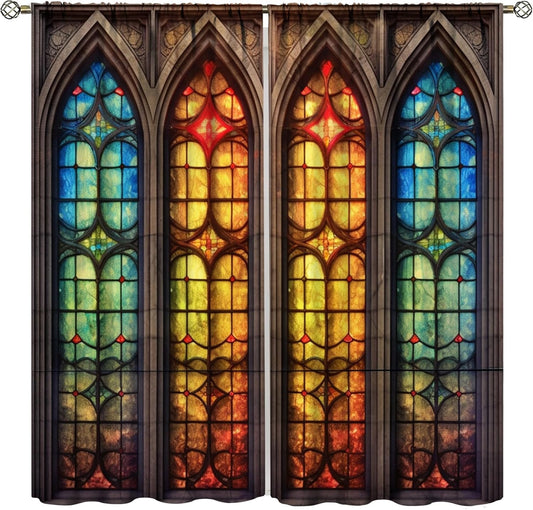 Stained Glass Curtains,Mid Century Vintage Style Abstract Art Home Decor Drapes for Bedroom Living Room Kitchen Window Treatment 2 Panels Set Total Size 84" W X 84" L Inch