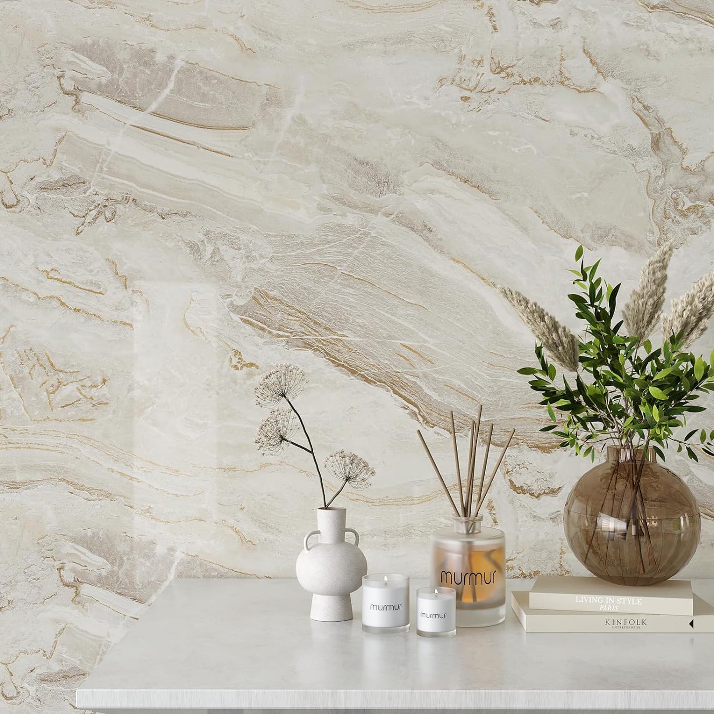 VEELIKE 15.7''x118'' Beige Gold Liquid Marble Contact Paper for Countertops Peel and Stick Waterproof Granite Countertop Paper Self Adhesive Marble Wallpaper Vinyl Roll for Kitchen Bathroom Table Wall