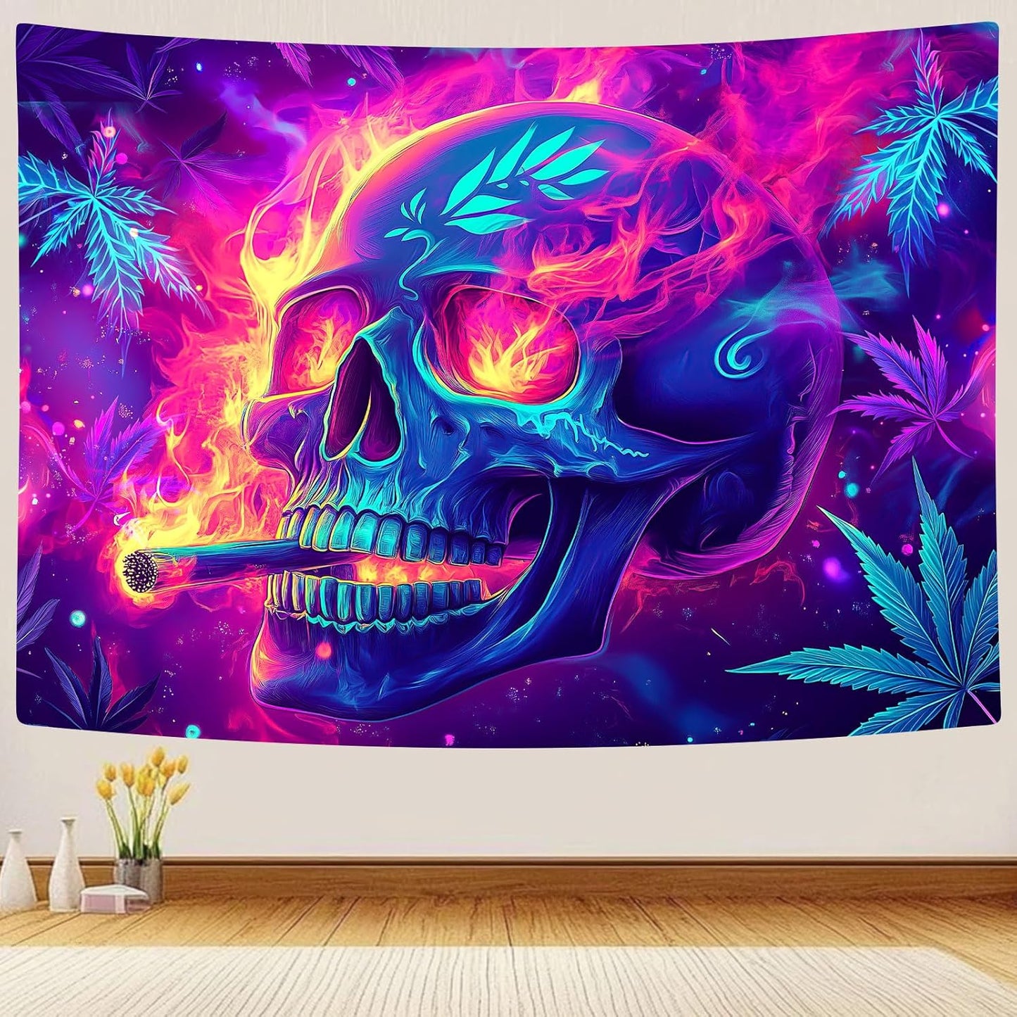 Blacklight Skeleton Tapestry, Glowing Skull UV Reactive Gothic Wall Hanging Tapestries, Glow in the Dark Grim Reaper Magic Horror Face Halloween Poster Tapestry for Bedroom Living Room Decor 80X60IN