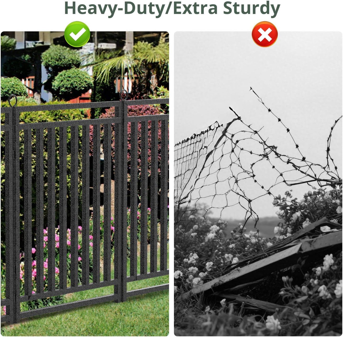 Decorative Garden Fence Metal Dog Fence Outdoor for Yard, 18ft (L) × 40in (H), 7 Panels + 1 Gate, Heavy Duty Animal Barrier Fencing for Patio & Flower Bed, No Dig, Black-Silver