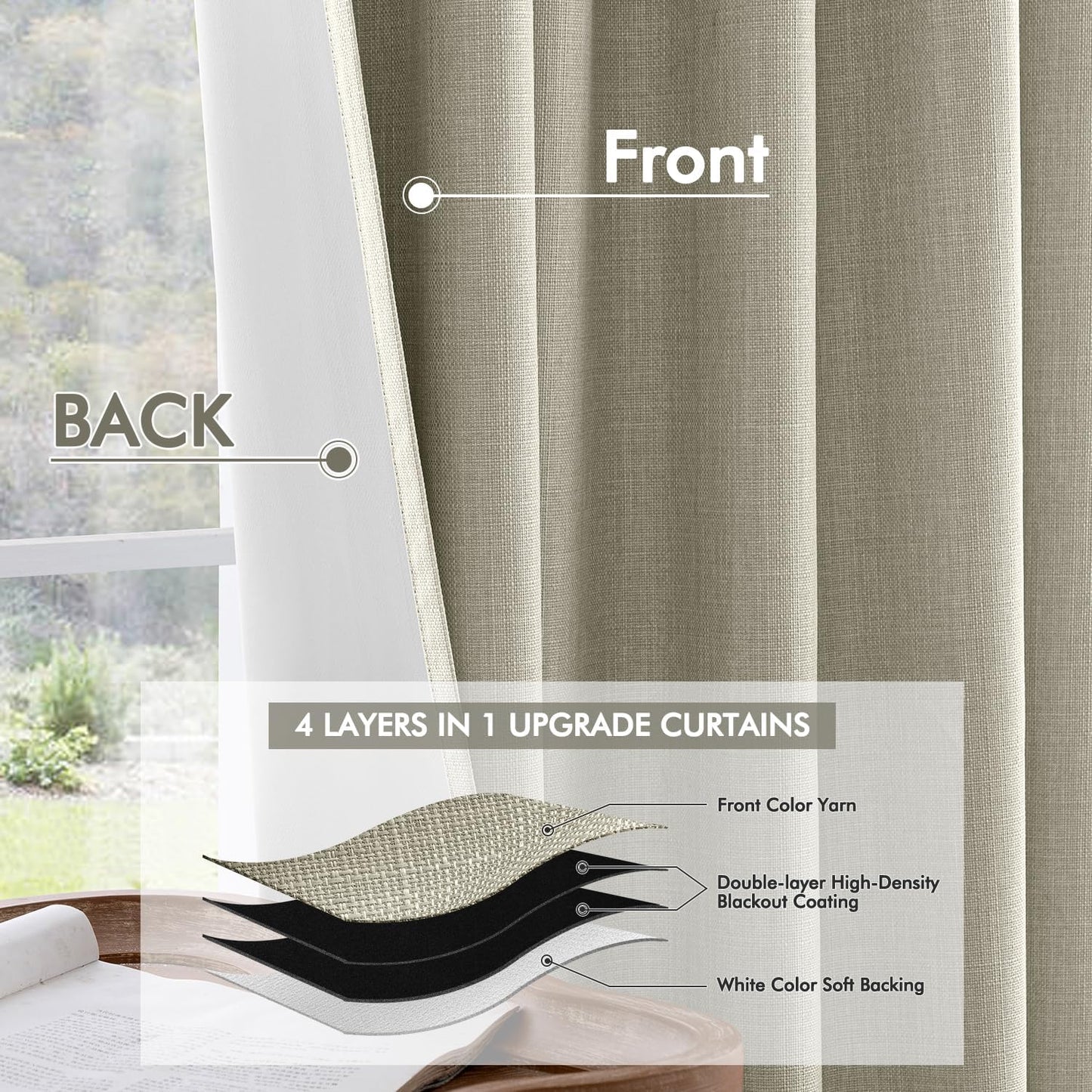 MIULEE 100% Blackout Curtains 102 Inch Long 2 Panels Set for Bedroom, Thick Luxury Faux Linen Black Out Curtain Room Darkening Back Tab Pleat Window Textured Drapes with Hooks for Living Room, Oatmeal