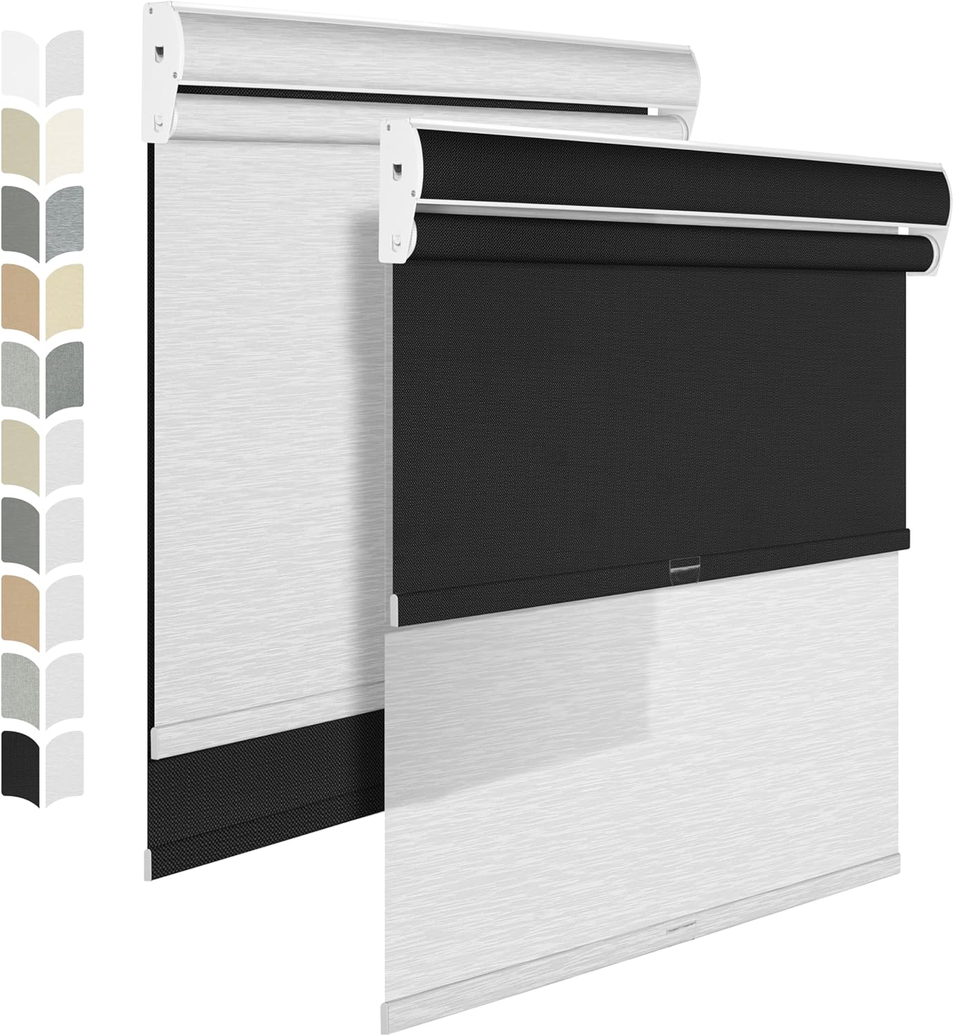 BERISSA Cordless Dual Roller Shades with Cassette Valance, Double Window Shades Blackout and Light Filtering, Day and Night for Home Office Door. Linen Black and White. 74 W x 36" H