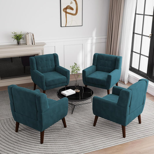 UIXE Accent Chair, Velvet Upholstered Armchair for Living Room, Modern Club Arm Chairs Comfy Single Sofa Button Tufted Bedroom Reading Seat - Blue, Set of 4