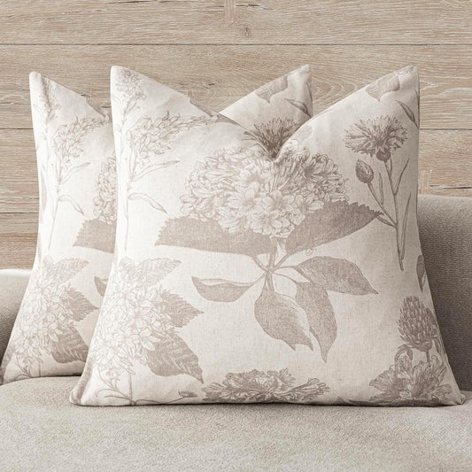 Foindtower Set of 2 Linen Floral Vintage Throw Pillow Covers Neutral Accent Print Decorative Cushion Covers Farmhouse Home Decor for Sofa Chair Couch Bedroom Living Room Outdoor,18×18 Inch,Tan Beige