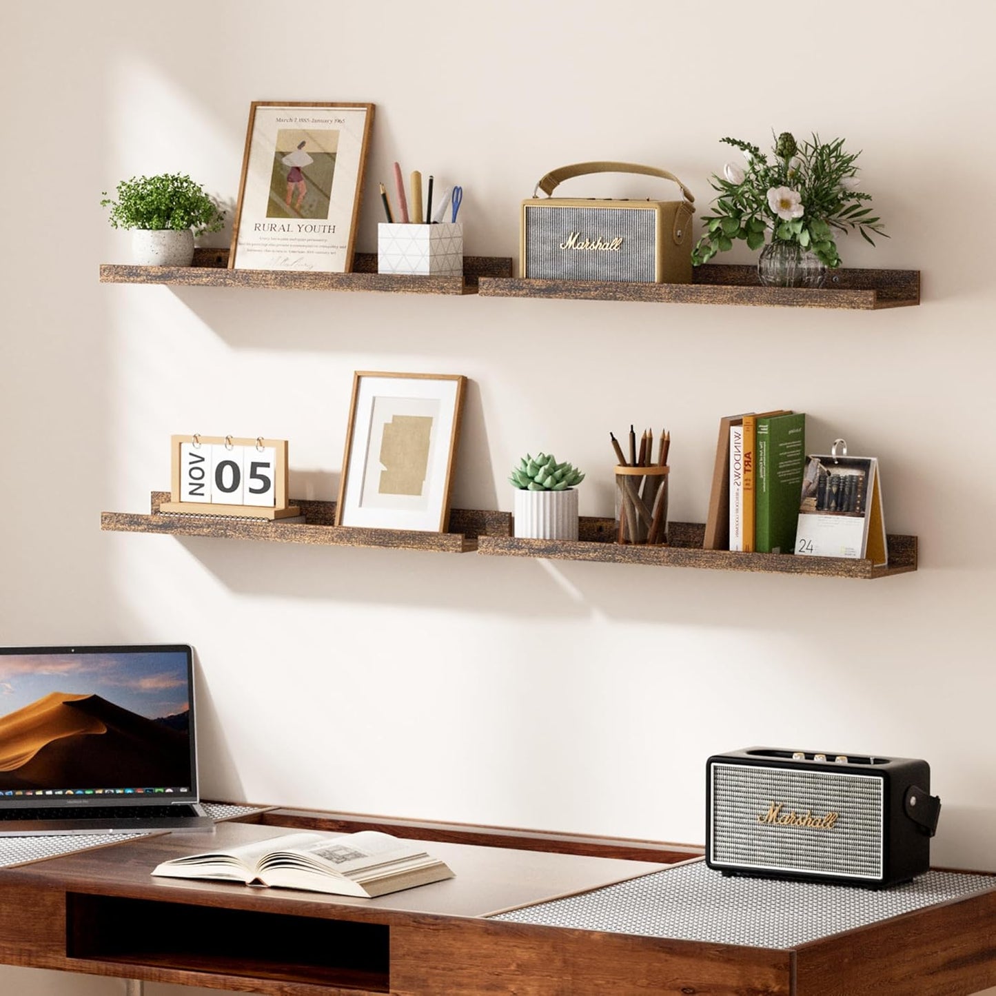 upsimples Floating Shelves for Wall, Wall Shelves for Decor Storage Set of 6, Wall Mounted Wood Shelf for Bedroom, Living Room, Bathroom, Kitchen, 23.6 inch Long Picture Ledge Shelf, Brown